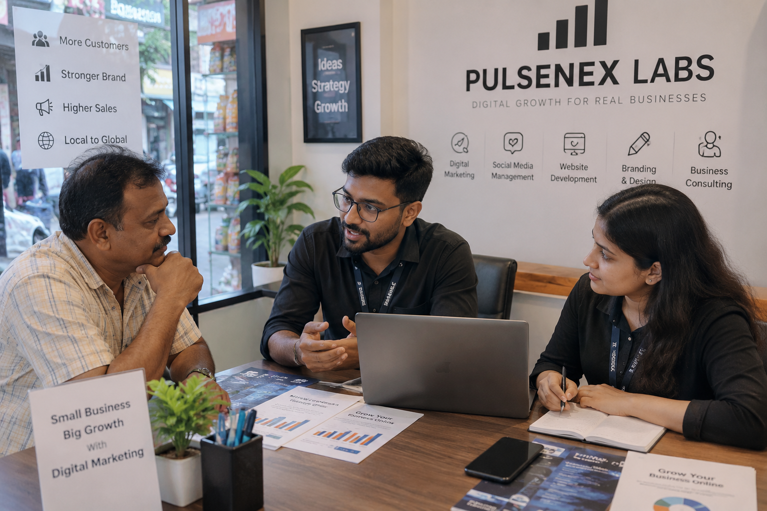 Local Sonarpur shop owner discussing digital marketing strategy with PulseNex Labs